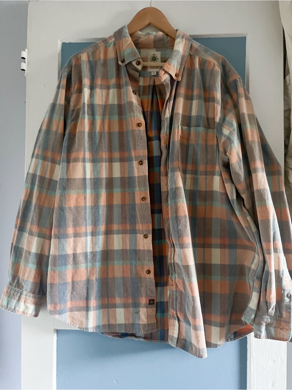 Men's Plaid Button-Up Shirt Jacket in Peach & Gray corduroy The Territory ahead